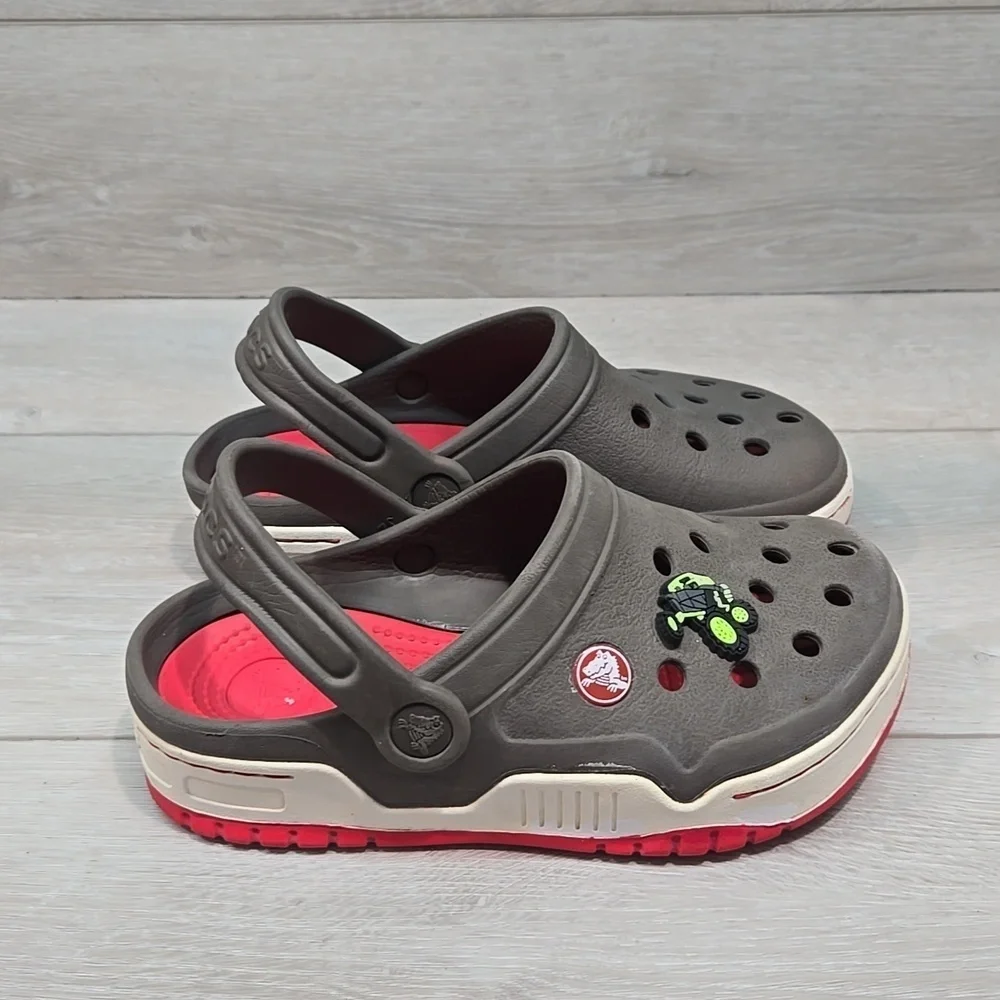 Crocs Kids Gray& Red Clogs Mule Shoes Sz J2